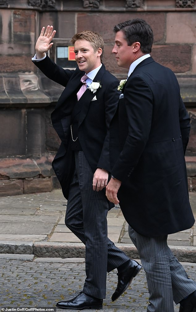 The groom, Hugh Grosvenor (left), arrives at Chester Cathedral for his wedding to Olivia Henson