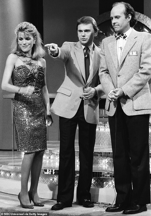 Pat with Vanna White and actor Dwight Schultz on Celebrity Wheel Of Fortune in 1985, four years after he first took over the hosting gig from Chuck Woolery