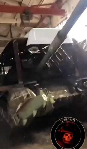 One video leaked to Telegram channels shows Russian tanks underneath blocky, turtle-like metal shells that appear to have been retroactively mounted on the outside