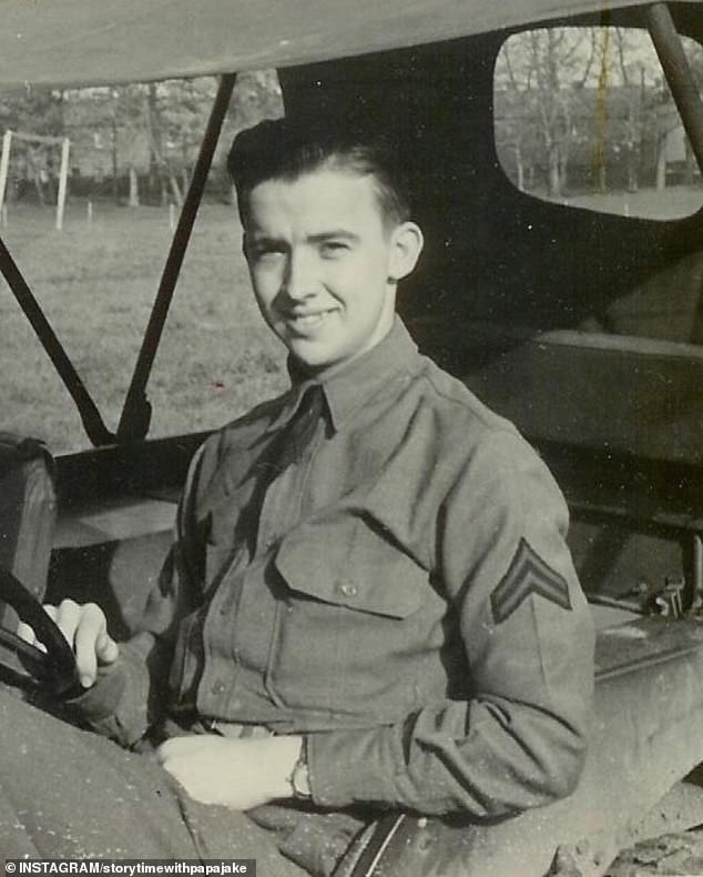 Jake M. Larson is depicted during his younger years, before fighting in World War II