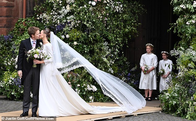 Hugh Grosvenor, the Duke of Westminster and Olivia Henson outside Chester Cathedral after the ceremony on Friday