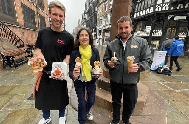 The Duke pays for free ice cream for locals from three local businesses.  Pictured from left to right: Craig Fermor of Diddy Donuts, Valentina Aviotti of Krum Gelato and Stephen Young of Cheshire Farm Ice Cream