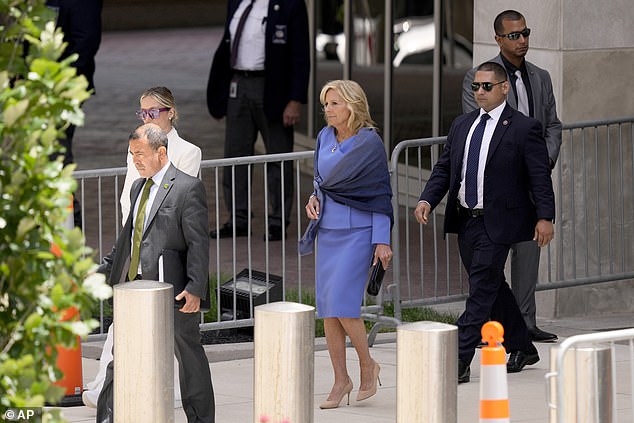 First lady Jill Biden, center, leaves federal court, Friday, June 7, 2024, in Wilmington, Delaware