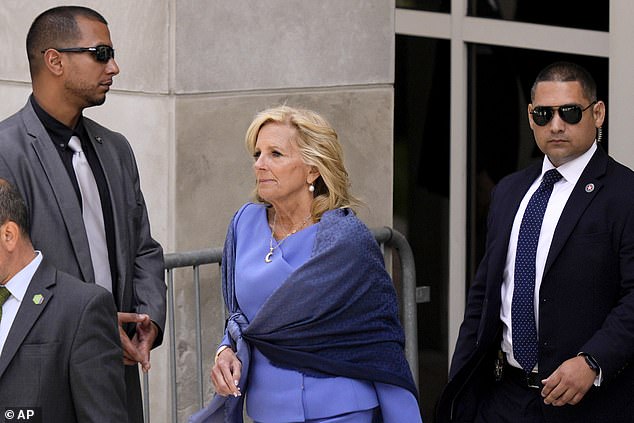 First lady Jill Biden, center, leaves federal court on Friday