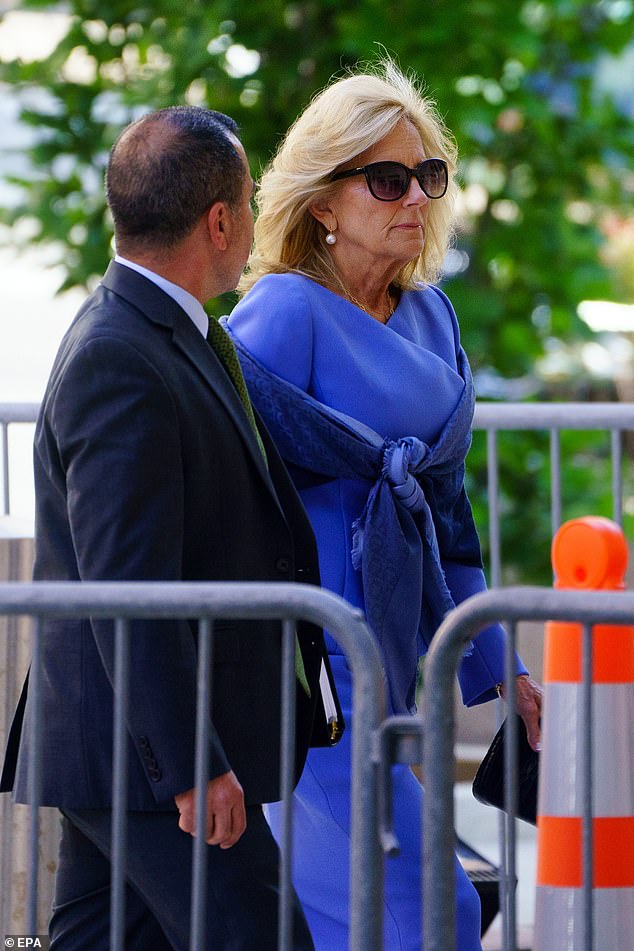 US First Lady Dr.  Jill Biden (R) arrives Friday to attend her son Hunter Biden's trial at the U.S. Federal District Court in Wilmington, Delaware.