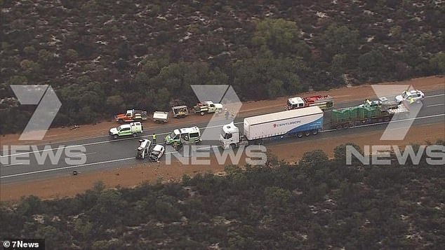 A Toyota Prado, a road train with two trailers and a Suzuki hatchback collided on the Brand Highway, 10km from Cataby (a two-hour drive north of Perth) at around 9am on Friday.