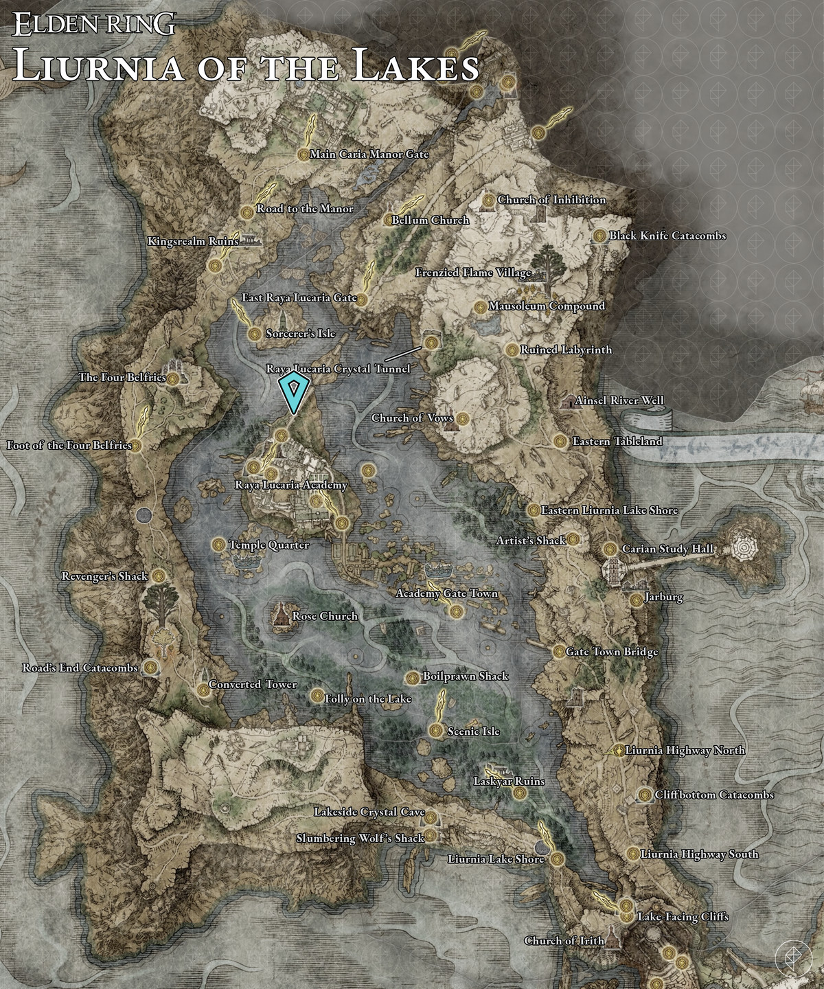 Elden Ring map showing Yura's location in Liurnia of the Lakes