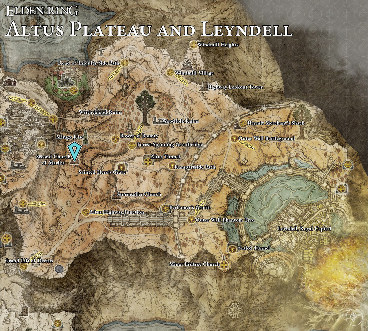 Elden Ring map showing Yura's location at the Second Church of Marika on the Altus Plateau