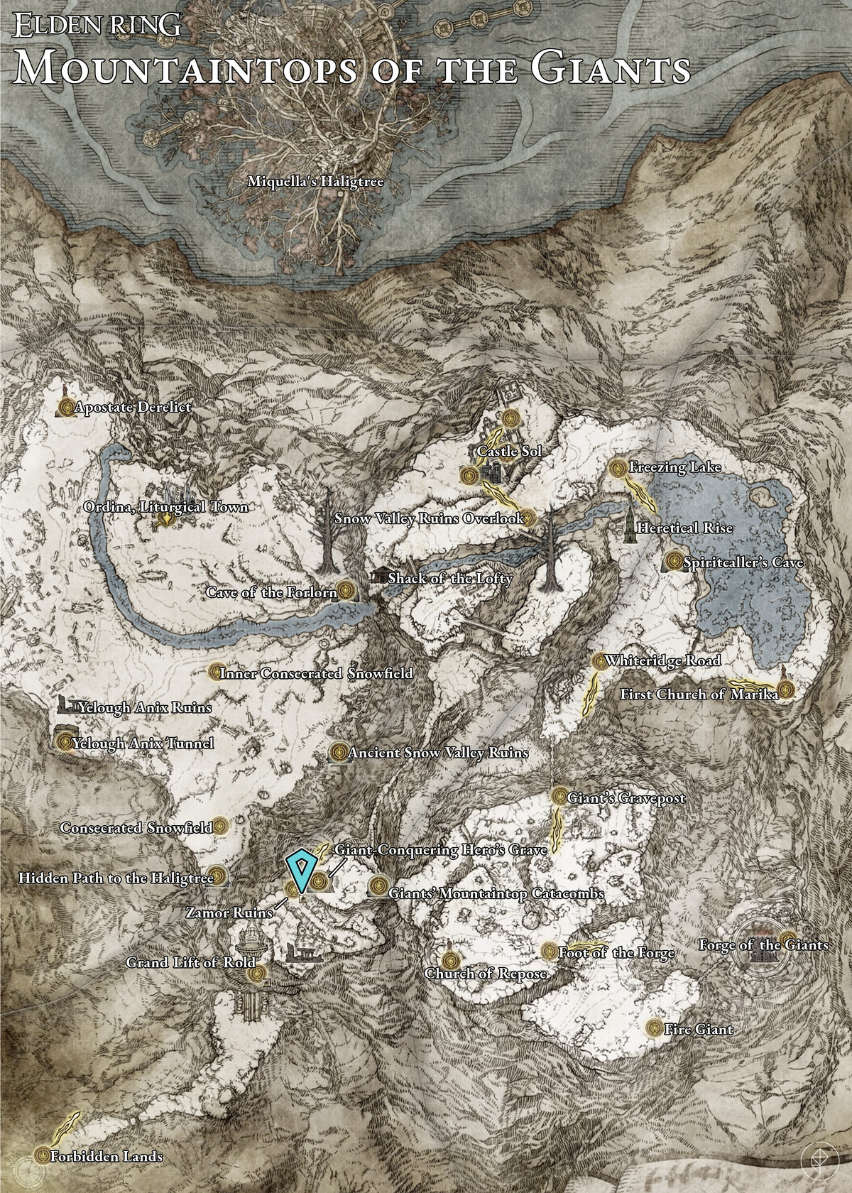 Elden Ring map showing the location of Yura (Shabriri) in the Mountain Peaks of the Giants