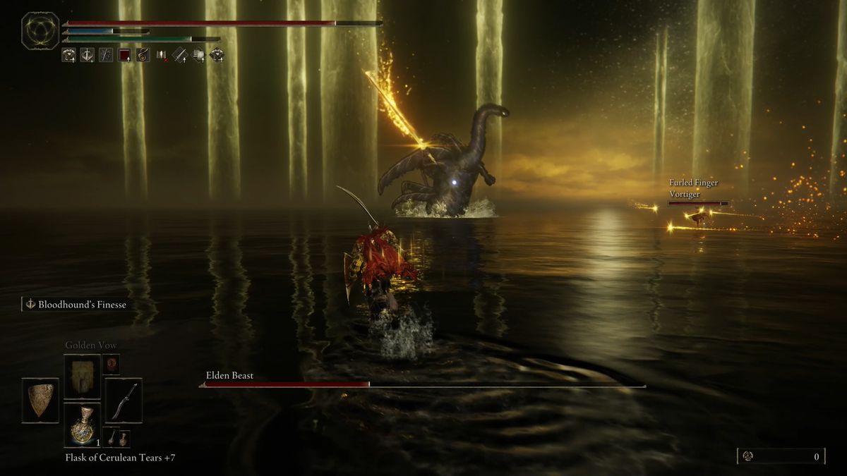 The Elden Beast sends magical waves of energy in an Elden Ring boss battle.