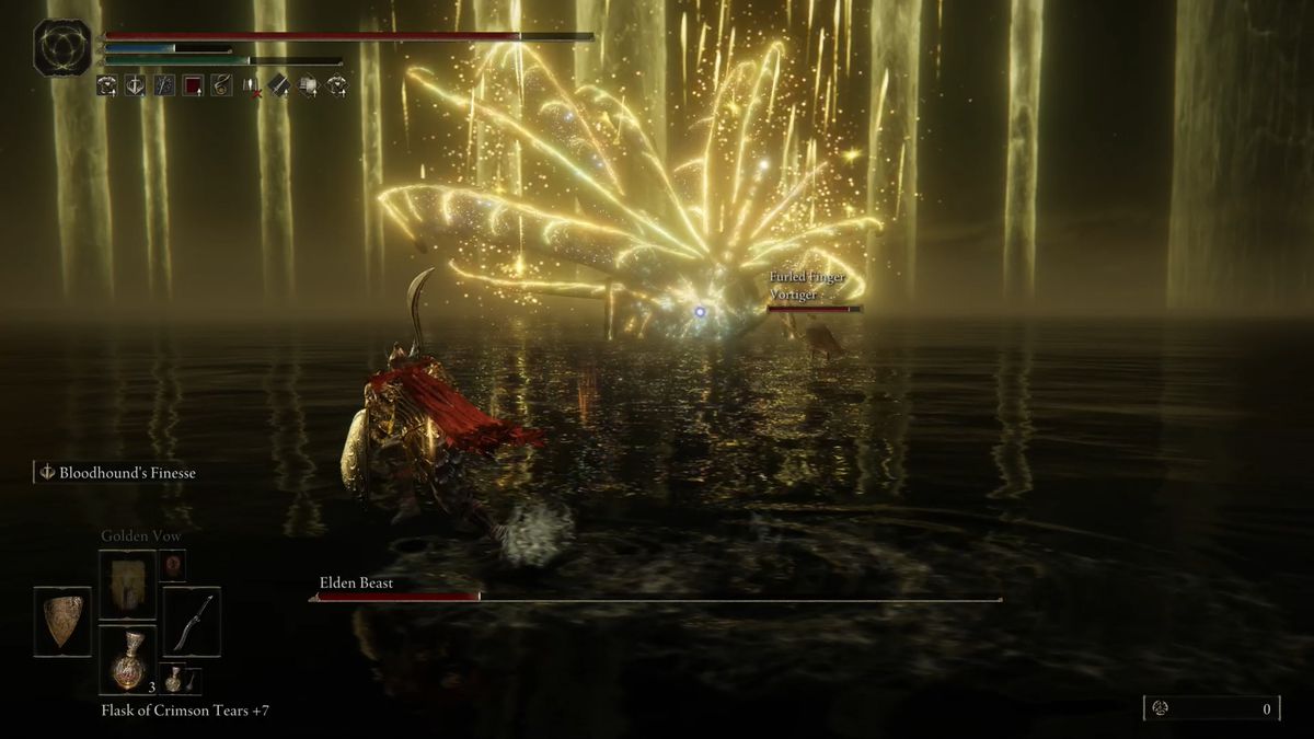 The Elden Beast fires a barrage of golden spears in the final Elden Ring boss battle.