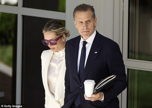 Roberts acknowledged that the father of her child, Hunter Biden (right), has been engaged in legal proceedings in Delaware.  He is photographed with second wife Melissa Cohen (left)