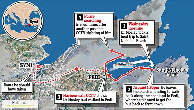 A map of the route the doctor is believed to have taken and the last sightings of him