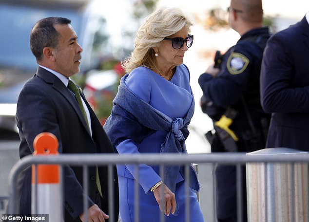 First lady Jill Biden and her senior adviser Anthony Bernal arrive at the J. Caleb Boggs Federal Building in Wilmington, Delaware on June 7, 2024