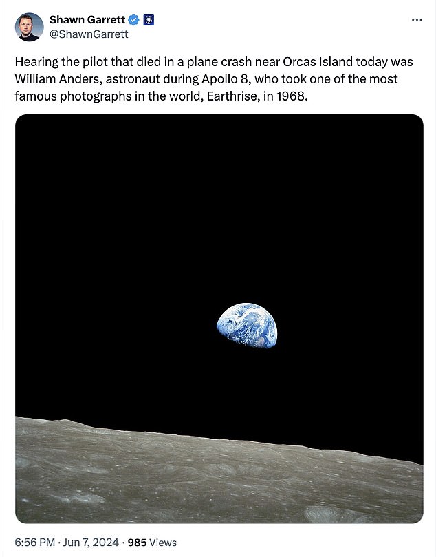 U.S. Coast Guard Pacific Northwest officials said the crash occurred before 11:45 a.m. near Orcas Island.  Above is the incredible photo he took of Earth from the moon