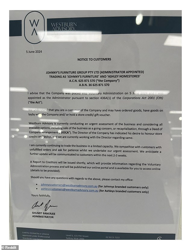 Those who came to stores to demand furniture or a refund were instead sent a letter confirming that an urgent review of the company was underway