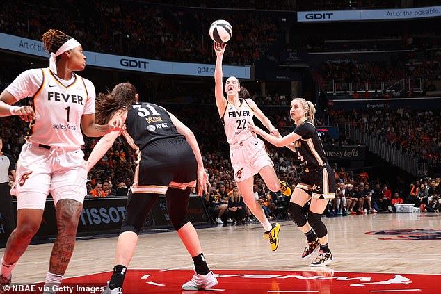 Caitlin Clark drives to the basket during Friday's game against the Washington Mystics