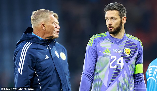 Gordon reflects on the late penalty with Scottish goalkeeping coach Chris Woods