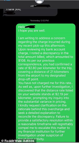 The traveler later messaged the driver 'Eddie' to ask for the cost of the ride