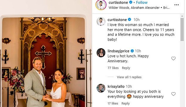 Curtis also joked in the caption about how the couple renewed their vows last year to celebrate their 10th wedding anniversary, telling fans he loved his wife so much he married her twice.