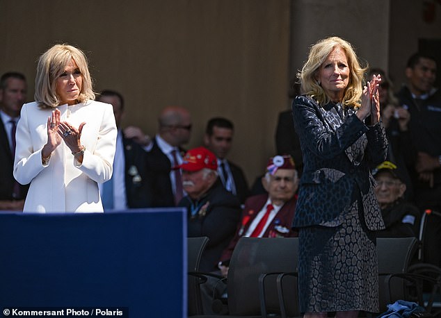 Brigitte Macron and Jill Biden on Thursday at the American Cemetery in Normandy to commemorate the 80th anniversary of the Allied landings during World War II