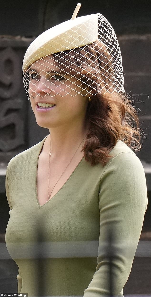 The royal put on an elegant display as she attended the Duke of Westminster's wedding to Olivia Henson yesterday, teaming her olive dress with a cream fascinator