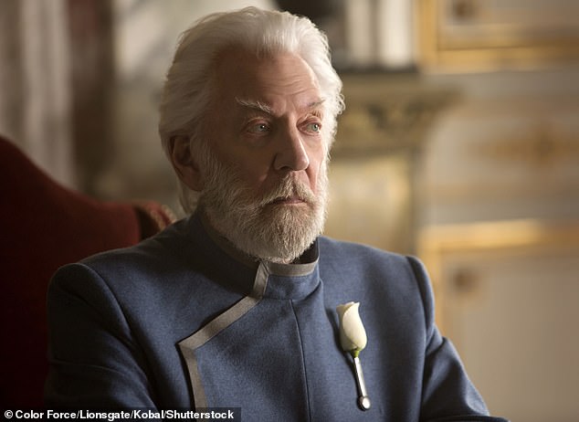 President Coriolanus Snow was first played by Donald Sutherland in The Hunger Games trilogy (pictured), before Tom played an 18-year-old version of him in the prequel