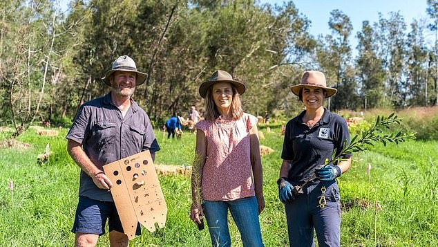 Pictured L-R: Nursery manager Humphrey Herington, Greens MP Sue Higginson and WWF's Maria Borges help plant the new trees