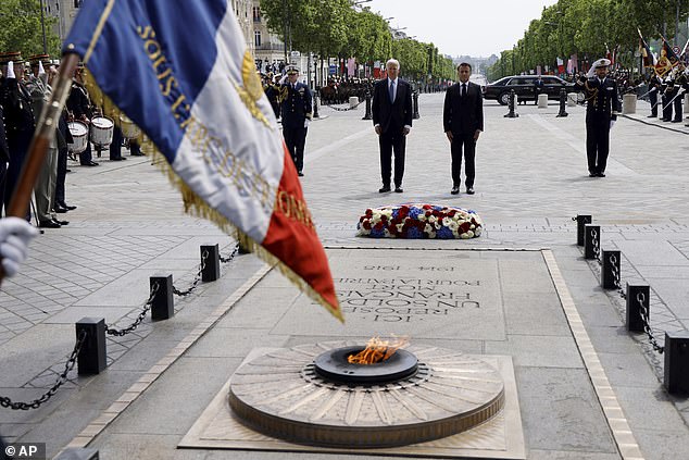 The two presidents laid flowers at the Tomb of the Unknown Soldier during a ceremony at the Arc du Triumphe to mark the start of the state visit