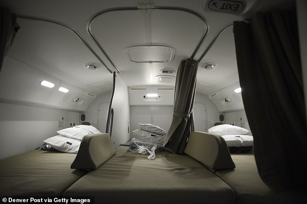 The crew rest area of ​​a Boeing 787 Dreamliner departing for Houston at Denver International Airport in Denver, Colorado