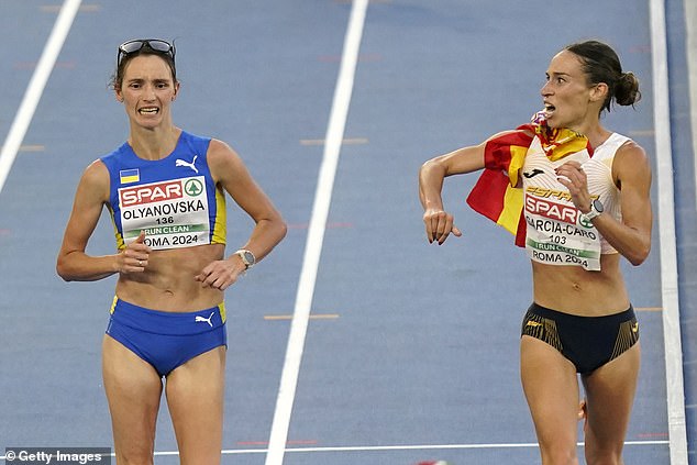 Laura Garcia-Caro entered the final 400 meters of the women's 20km race walk thinking she had secured a bronze medal.  However, her celebrations proved premature and she was overtaken by Lyudmyla Olyanovska