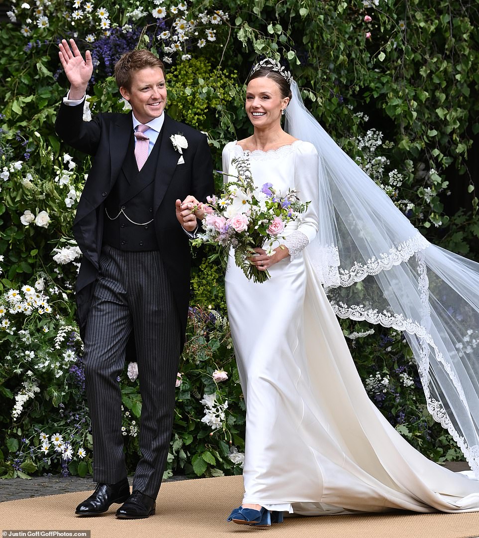 The Duke of Westminster and his bride Olivia leave Chester Cathedral today after their wedding