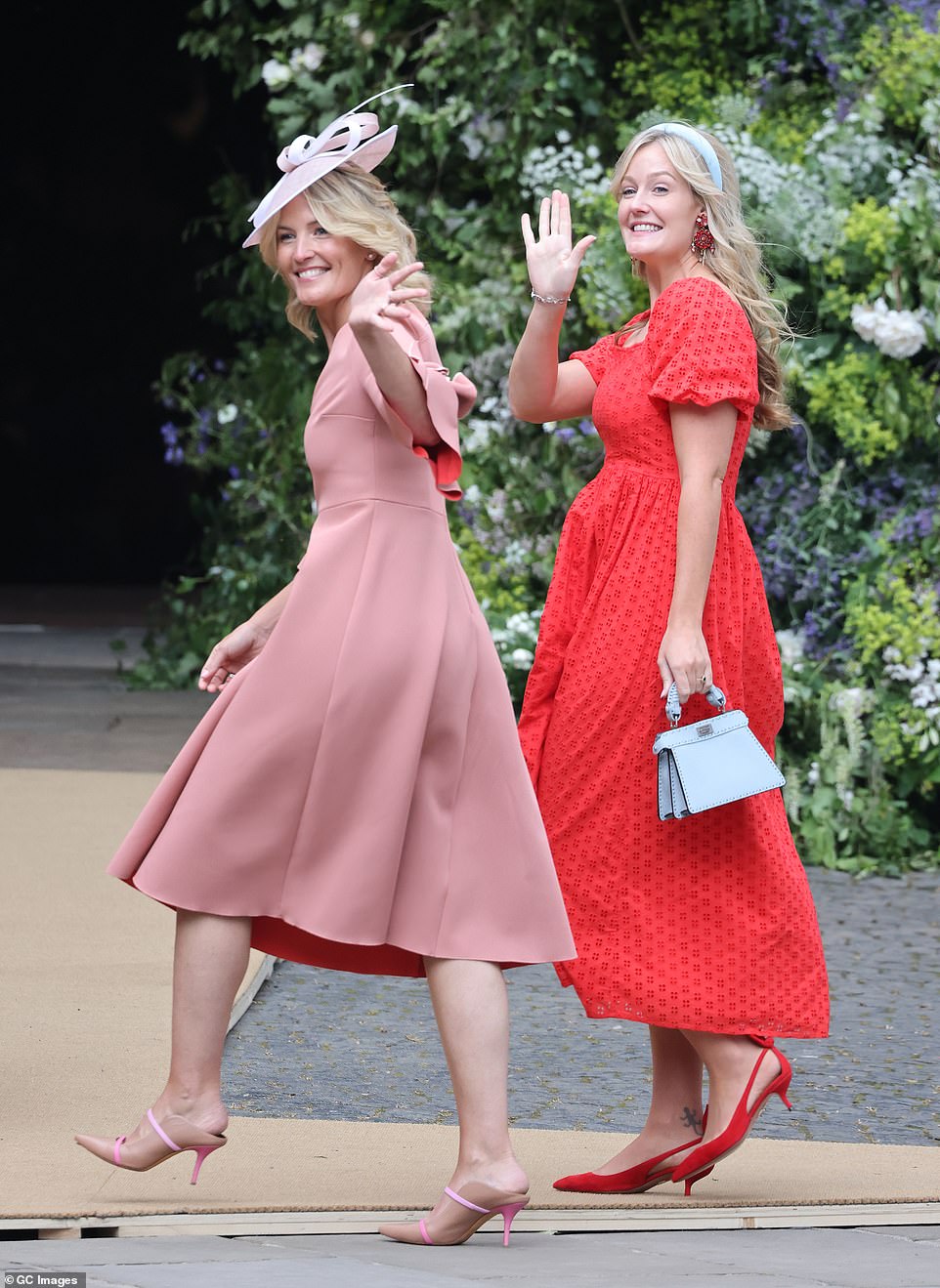 The groom's sisters, Lady Viola Grosvenor and Lady Edwina Grosvenor (left) attend the wedding of the Duke of Westminster and Olivia Henson