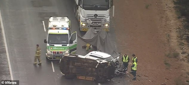 Emergency services were called at 9am on Friday after reports of a crash between two cars and a road train pulling two trailers on the Brand Highway in Cooljarloo, about 170km north of Perth.  The crash scene is depicted