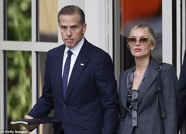 unter Biden, son of US President Joe Biden, accompanied by his wife Melissa Cohen Biden, leaves the J. Caleb Boggs Federal Building in Wilmington, Delaware on June 3, 2024