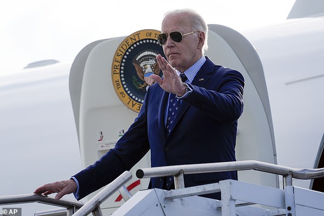 President Joe Biden waves as he arrives at Westchester County Airport in White Plains, NY on Air Force One on Monday, June 3