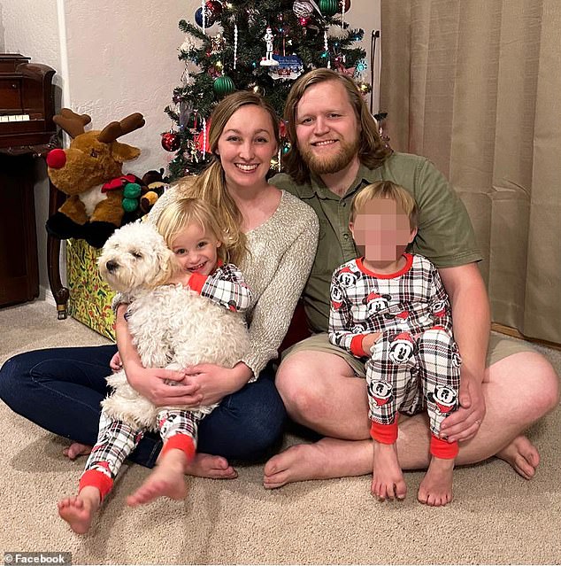 She was sitting in her family's minivan at a stop sign when it was struck by another driver going nearly 60 mph, police said.  Pictured with brother Luke and parents Daniel and Lauryn Moster