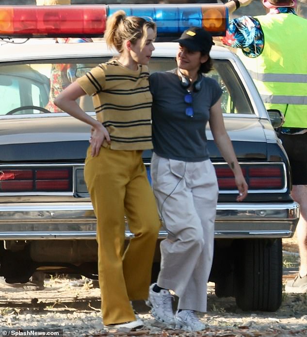 Earlier in the day, the Totally Killer star was seen looking like her former self in a mustard yellow and black striped shirt with mustard pants as she chatted with director Sophie Tabet.