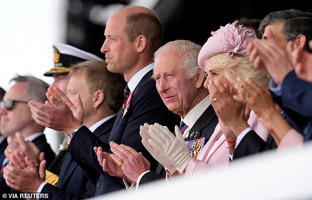 Prince William, King Charles III and Queen Camilla during Britain's national commemoration event to mark the 80th anniversary of D-Day, in Portsmouth on June 5