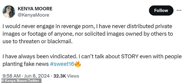 “I would never do revenge porn, I have never distributed private images or footage of anyone, nor solicited images owned by others to use to threaten or blackmail,” the former beauty queen, 53, tweeted on Saturday.