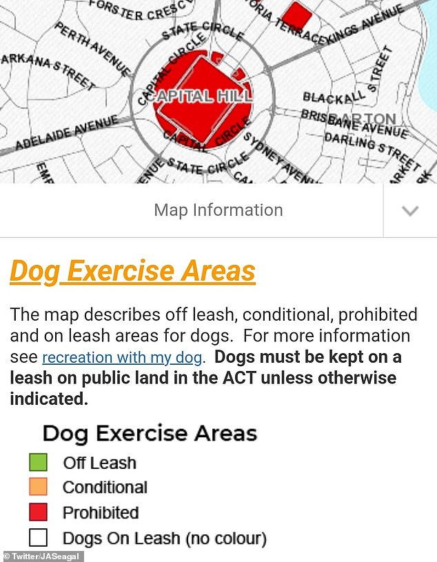 Under ACT government rules, the area around Parliament House is off-limits to dogs – whether on a leash or not – and the fine for violation is $150.