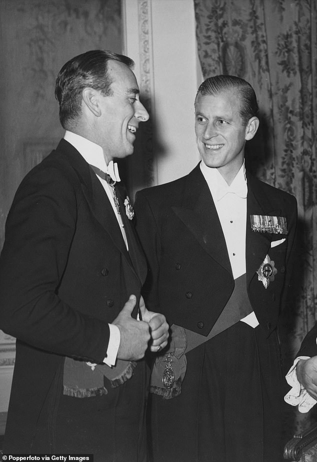 Philip's uncle Louis Mountbatten (left) with the prince at the National Playing Fields Association dinner in London 1948