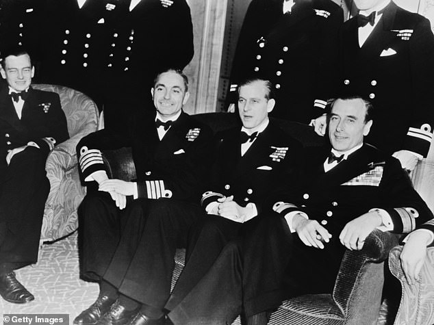 Prince Philip (second right) pictured at his stag party at the Dorchester Hotel in 1947 with fellow Royal Navy officers