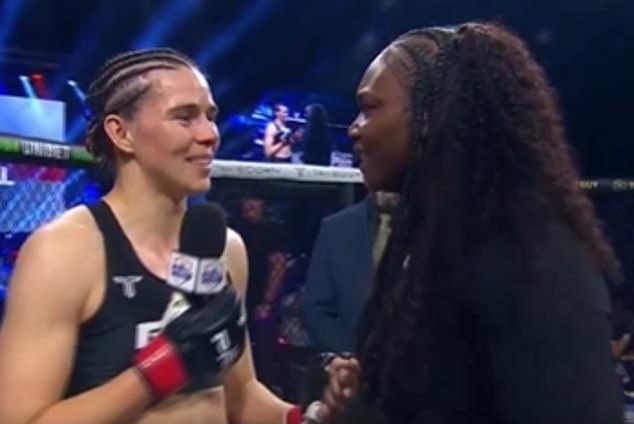 After the fight, she took on rival and friend Claressa Shields (right) in the octagon