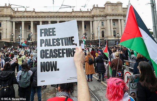 The rally attended by hundreds of people outside the Victoria State Library was organized by Free Palestine Melbourne