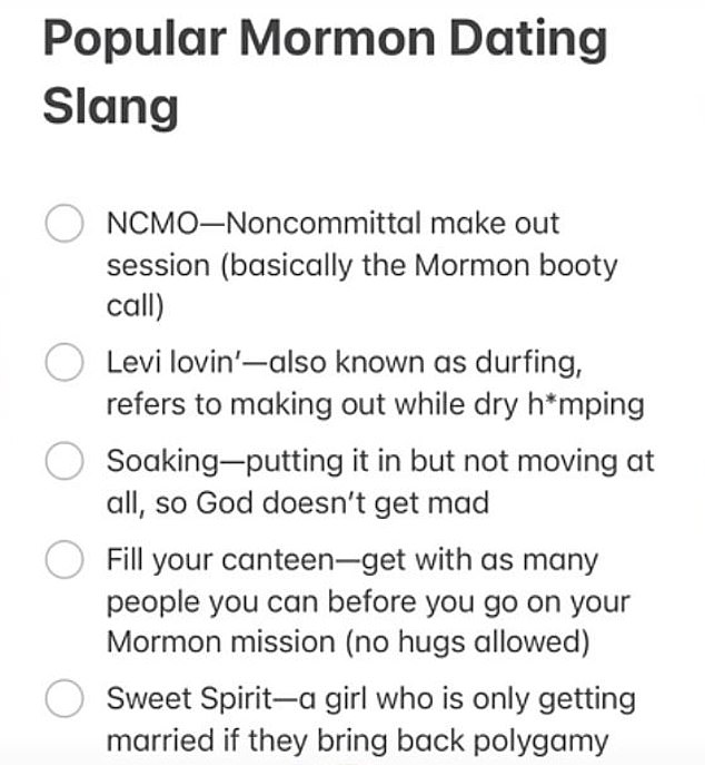 Former Mormon Alyssa Grenfell, 31, who was raised in the ultra-religious church, has shared some of the popular dating jargon used by members