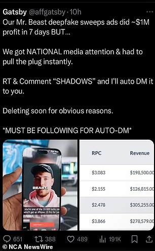 The now-deleted tweet shows someone bragging about making money from a deepfake of Mr Beast