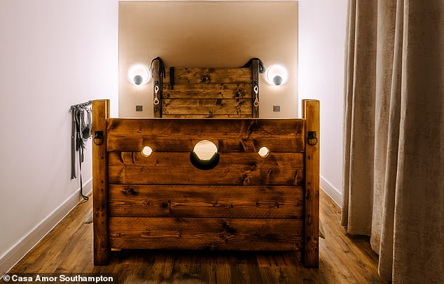 The property's website states: 'In the bondage room (photo) you will find a fully functioning pillory bed [a women frame with holes for head and hands]an intimacy chair and handcuffs'