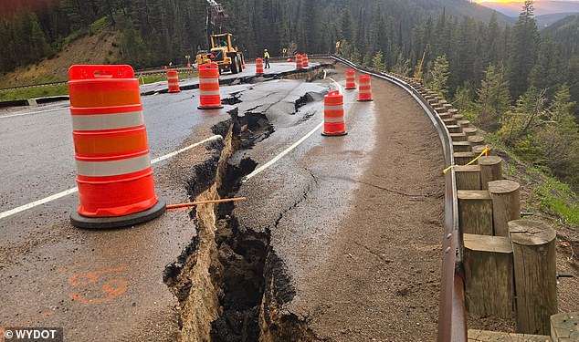 .  Geologists and engineers dispatched to the landmark that day noticed the crack and fall, officials said.  A paving crew temporarily repaired the road, but crews were then sent to the mudslide early Friday, she said, leading to the now-continued road closure