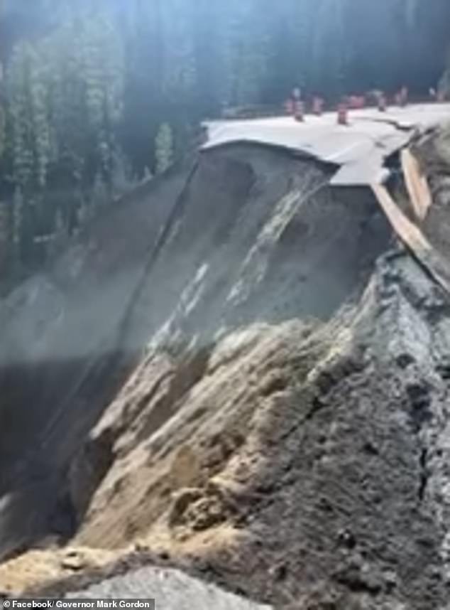 As for the landslide (seen here), it took away both lanes of the road at its widest point, and was likely caused by abnormally high spring rains and significant snowmelt in the area, officials said.